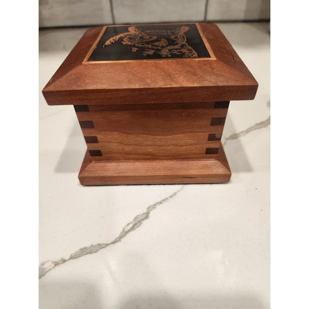 Hand Made Wood Lidded Trinket  Jewelry‎ Box With Copper Etched Horned Owl On Lid